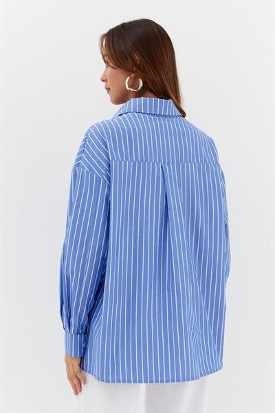 Çiçek Baskılı Oversize Gömlek İndigo