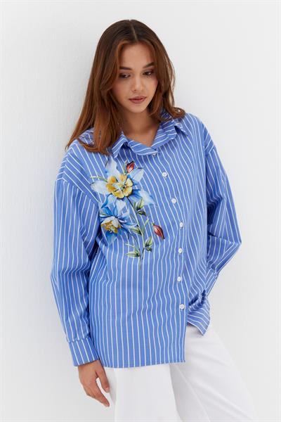 Çiçek Baskılı Oversize Gömlek İndigo