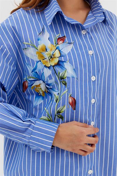 Çiçek Baskılı Oversize Gömlek İndigo