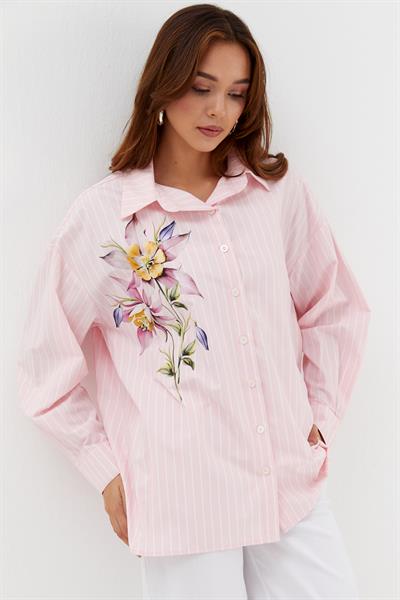 Çiçek Baskılı Oversize Gömlek Pembe