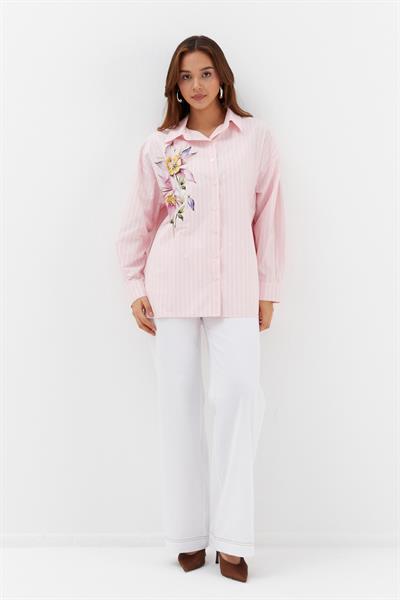 Çiçek Baskılı Oversize Gömlek Pembe