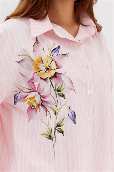 Çiçek Baskılı Oversize Gömlek Pembe