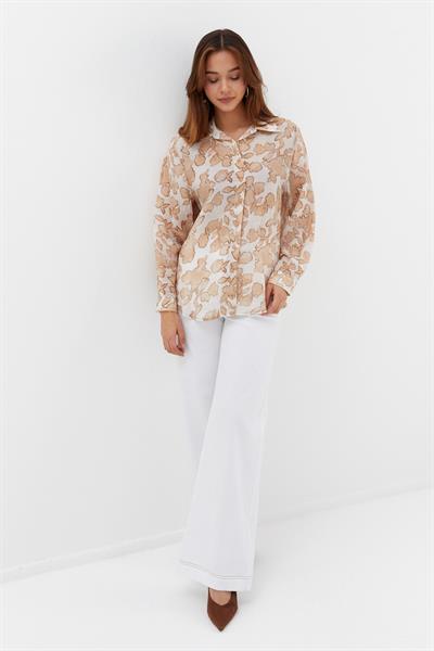 Çiçek Desenli İnce Gömlek Bej