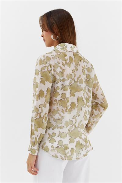 Çiçek Desenli İnce Gömlek Haki