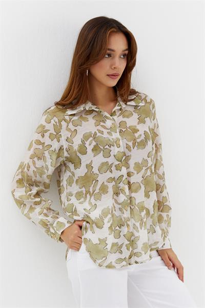 Çiçek Desenli İnce Gömlek Haki