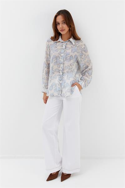 Çiçek Desenli İnce Gömlek Mavi