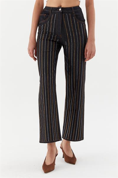 Çizgi Taşlı Pantolon Siyah