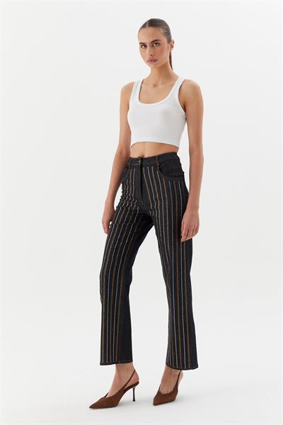 Çizgi Taşlı Pantolon Siyah