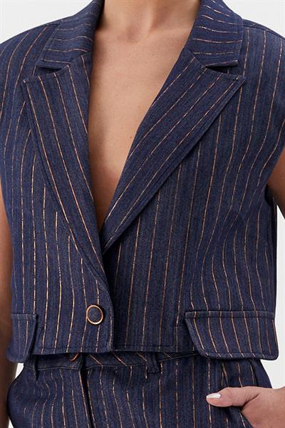 Çizgi Varaklı Slim Takım İndigo