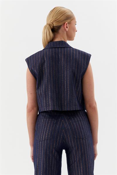 Çizgi Varaklı Slim Takım İndigo