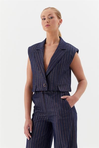 Çizgi Varaklı Slim Takım İndigo