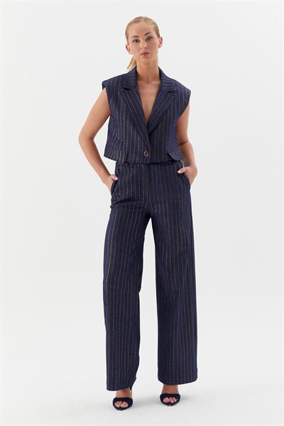 Çizgi Varaklı Slim Takım İndigo