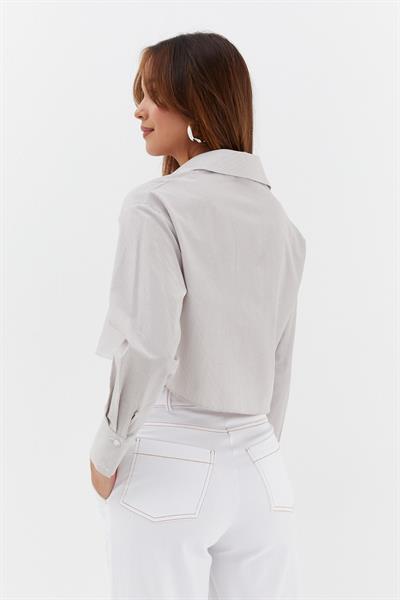 Çizgili Çift Cepli Crop Bej