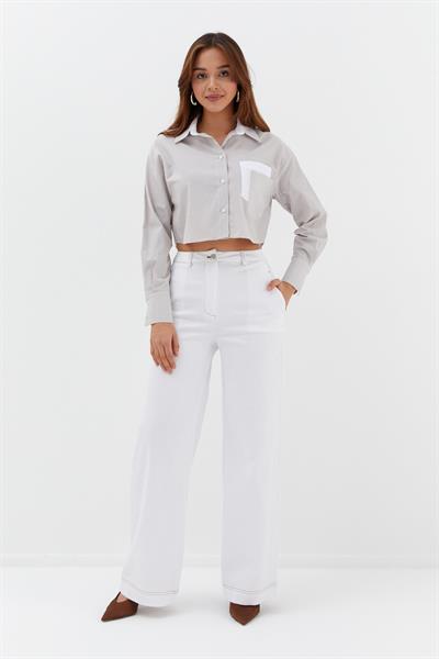 Çizgili Çift Cepli Crop Bej