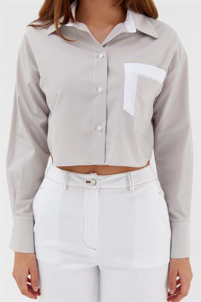 Çizgili Çift Cepli Crop Bej