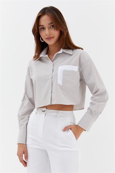 Çizgili Çift Cepli Crop Bej