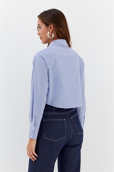 Çizgili Çift Cepli Crop İndigo