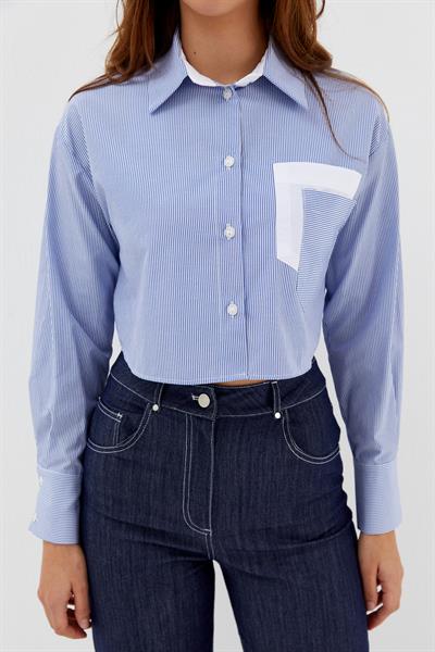 Çizgili Çift Cepli Crop İndigo