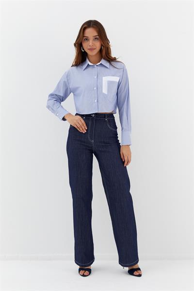 Çizgili Çift Cepli Crop İndigo