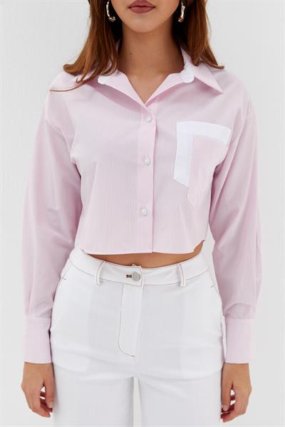 Çizgili Çift Cepli Crop Pembe