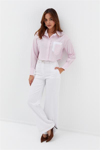 Çizgili Çift Cepli Crop Pembe