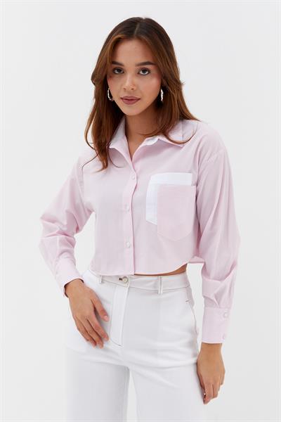 Çizgili Çift Cepli Crop Pembe