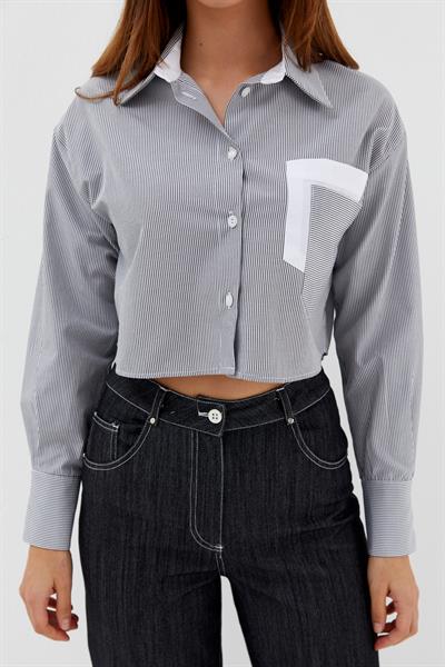 Çizgili Çift Cepli Crop Siyah