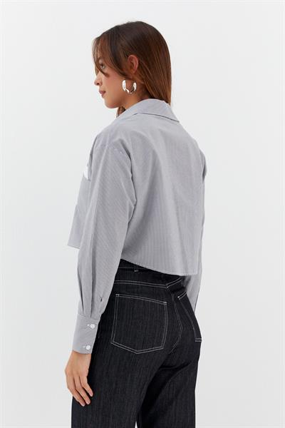 Çizgili Çift Cepli Crop Siyah