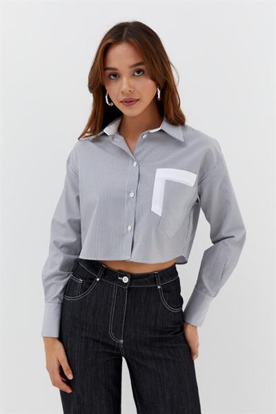 Çizgili Çift Cepli Crop Siyah