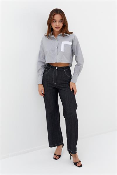 Çizgili Çift Cepli Crop Siyah