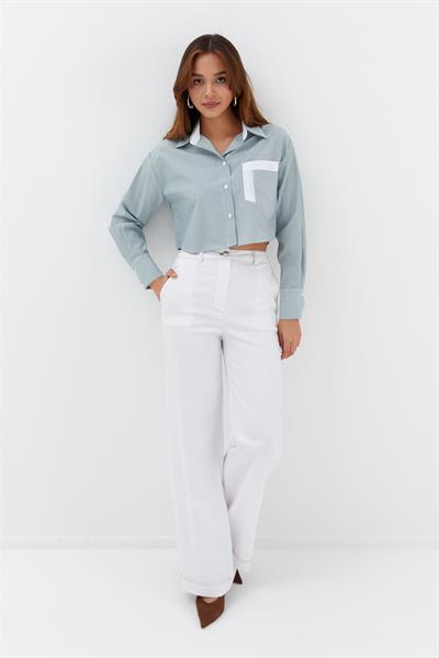 Çizgili Çift Cepli Crop Yeşil