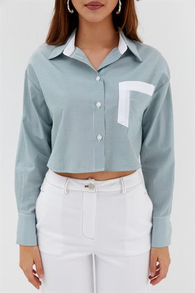 Çizgili Çift Cepli Crop Yeşil