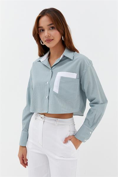 Çizgili Çift Cepli Crop Yeşil