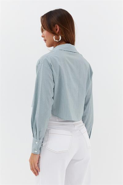 Çizgili Çift Cepli Crop Yeşil