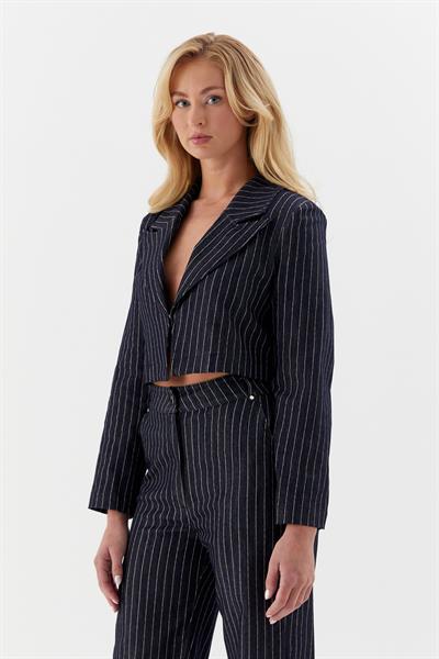 Çizgili Denim Kısa Ceket  İndigo