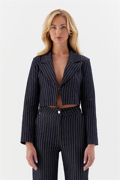 Çizgili Denim Kısa Ceket  İndigo