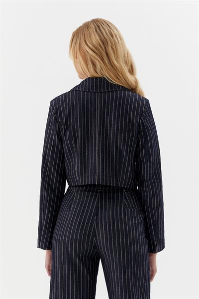 Çizgili Denim Kısa Ceket  İndigo