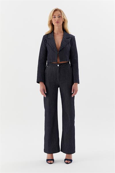 Çizgili Denim Kısa Ceket  İndigo