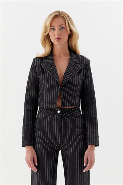 Çizgili Denim Kısa Ceket Siyah