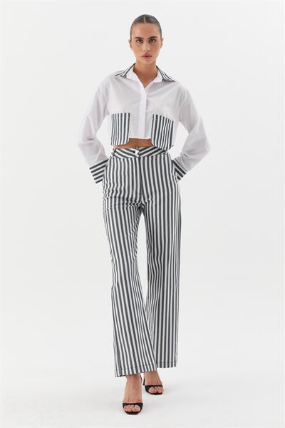 Çizgili Denim Pantolon Siyah