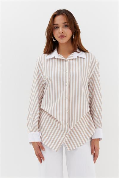 Çizgili Kıvırmalı Poplin Gömlek Bej
