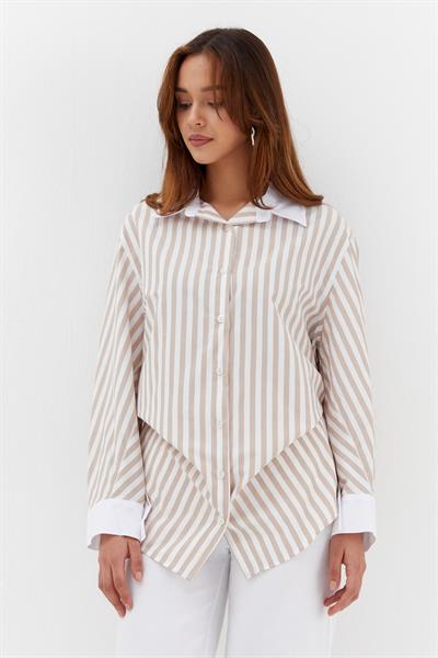 Çizgili Kıvırmalı Poplin Gömlek Bej