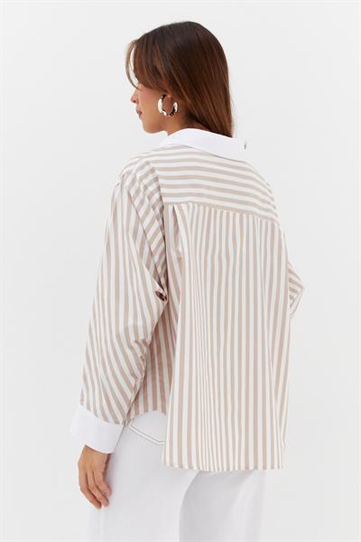 Çizgili Kıvırmalı Poplin Gömlek Bej