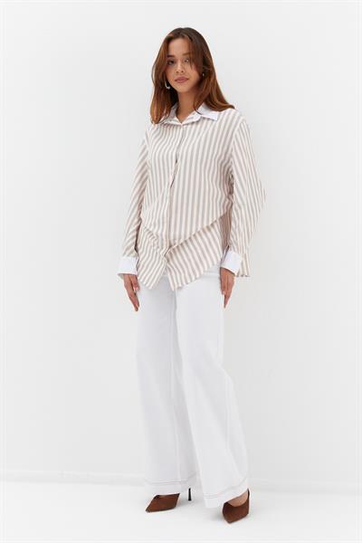 Çizgili Kıvırmalı Poplin Gömlek Bej