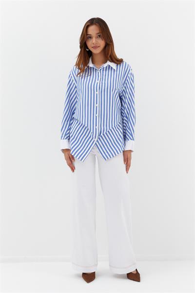 Çizgili Kıvırmalı Poplin Gömlek İndigo