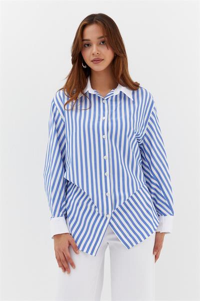 Çizgili Kıvırmalı Poplin Gömlek İndigo