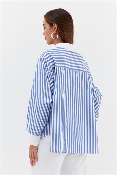 Çizgili Kıvırmalı Poplin Gömlek İndigo