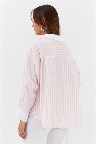 Çizgili Kıvırmalı Poplin Gömlek Pembe