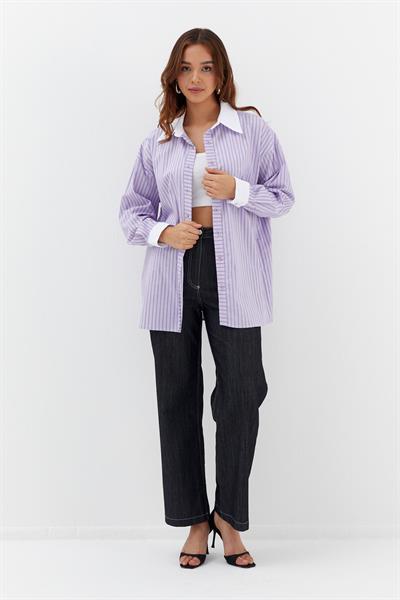 Çizgili Oversize Gömlek Lila