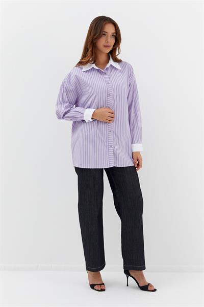 Çizgili Oversize Gömlek Lila
